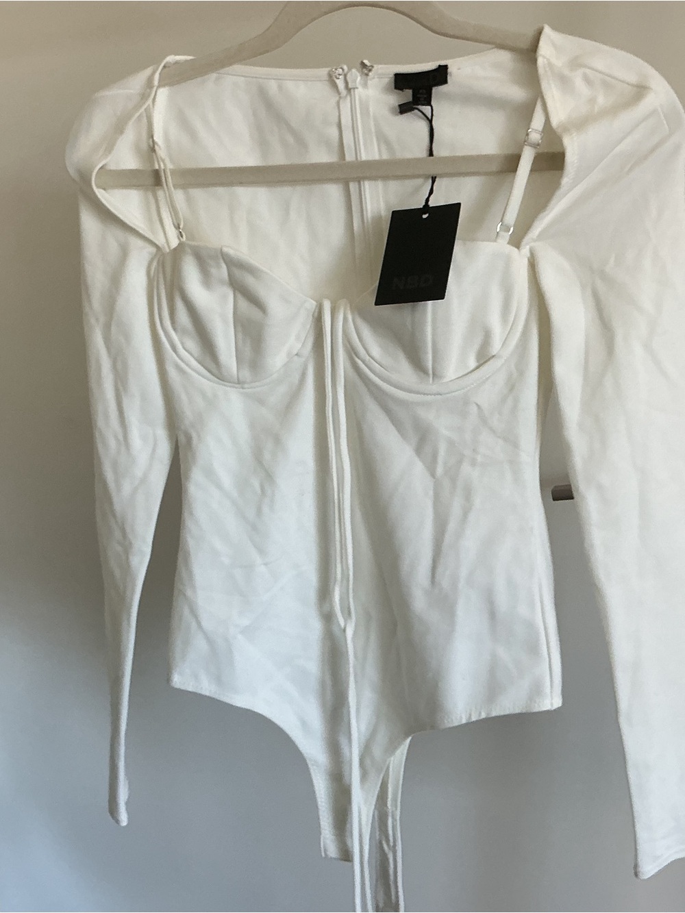 NBD White Long-Sleeve Bustier Bodysuit with Front Tie
